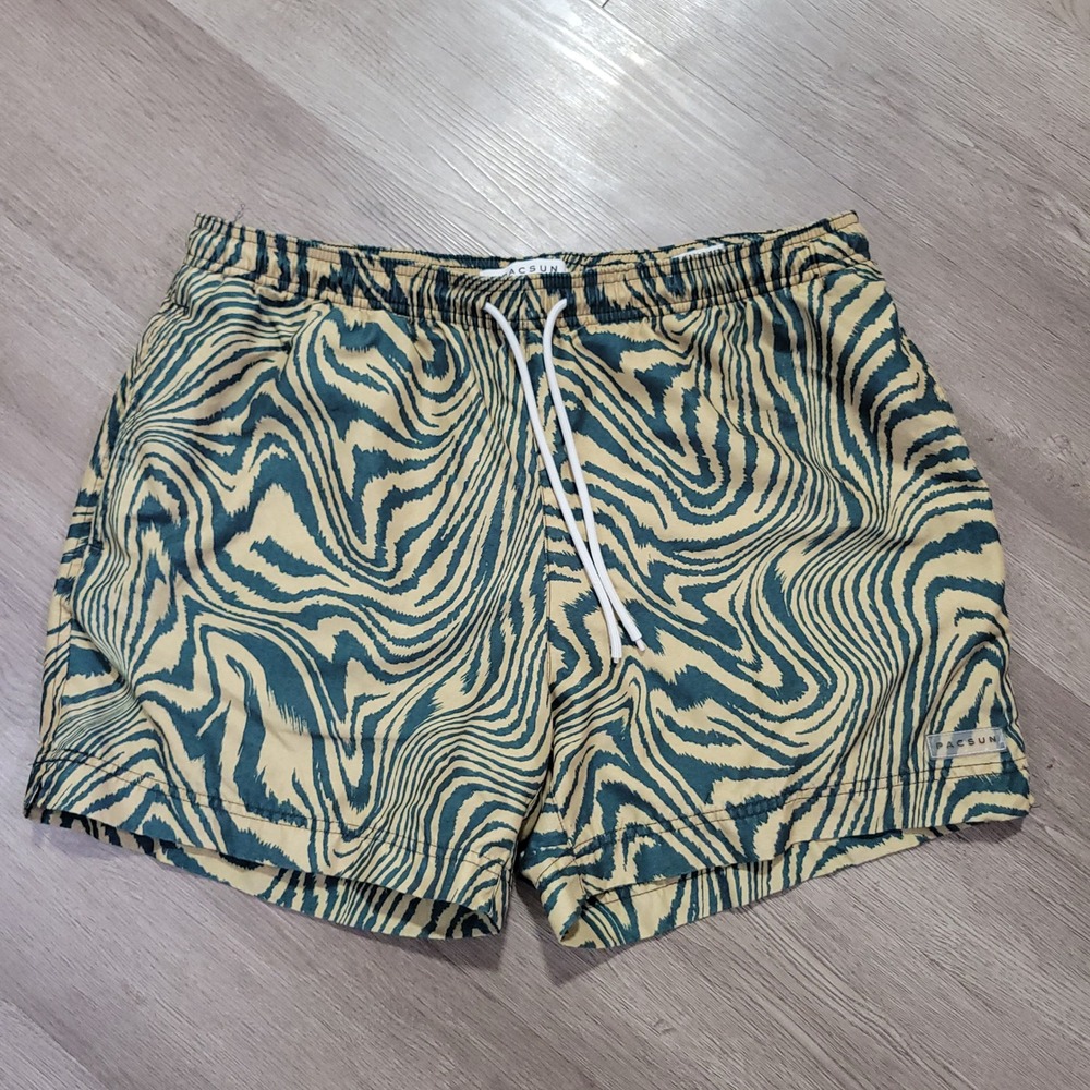 PacSun Swim Trunks Mens Large Tan Black Zebra Print Mesh Lined Shorts 5" ins